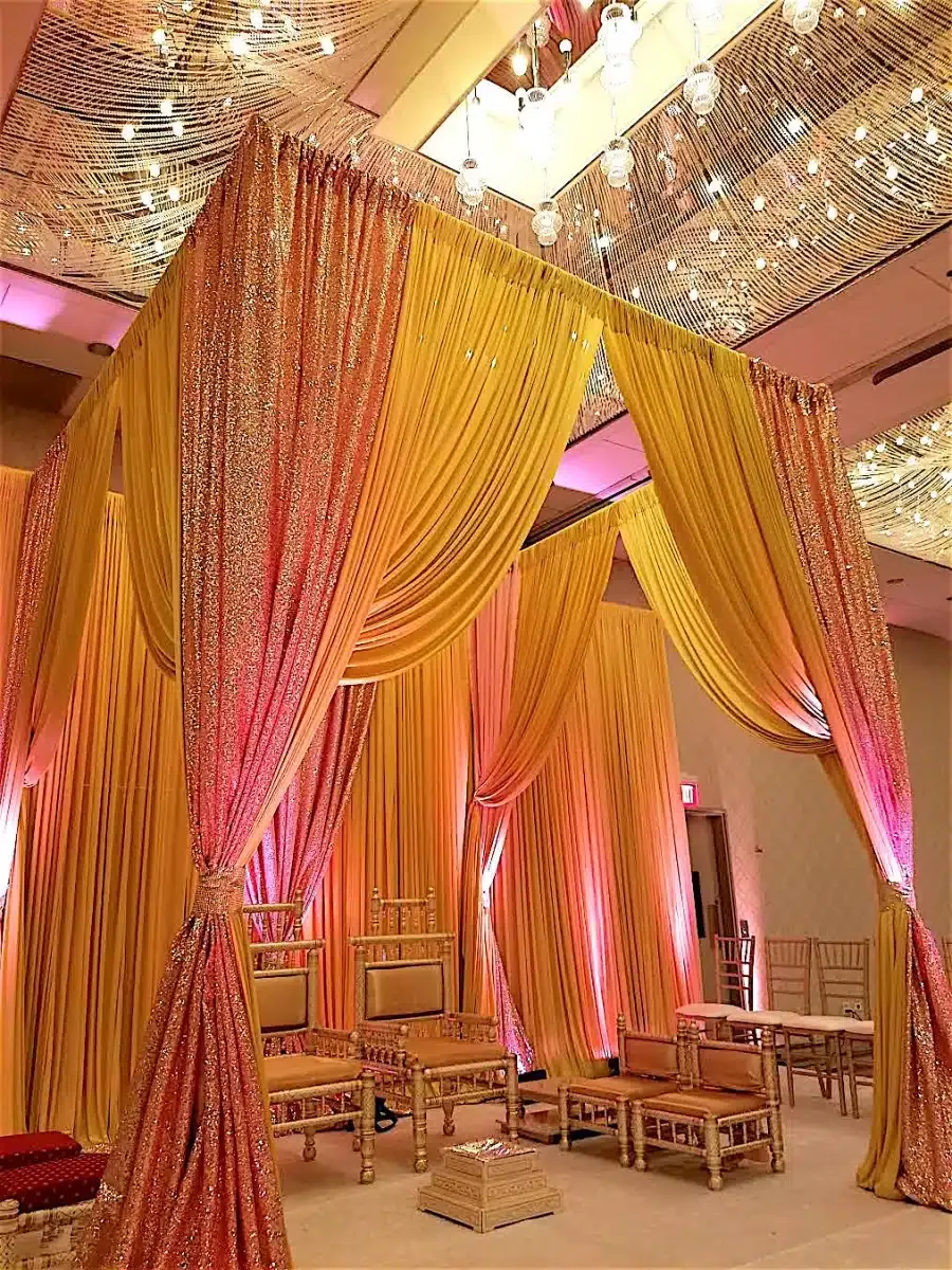 Fabric mandap decor for traditional Indian wedding ceremony
