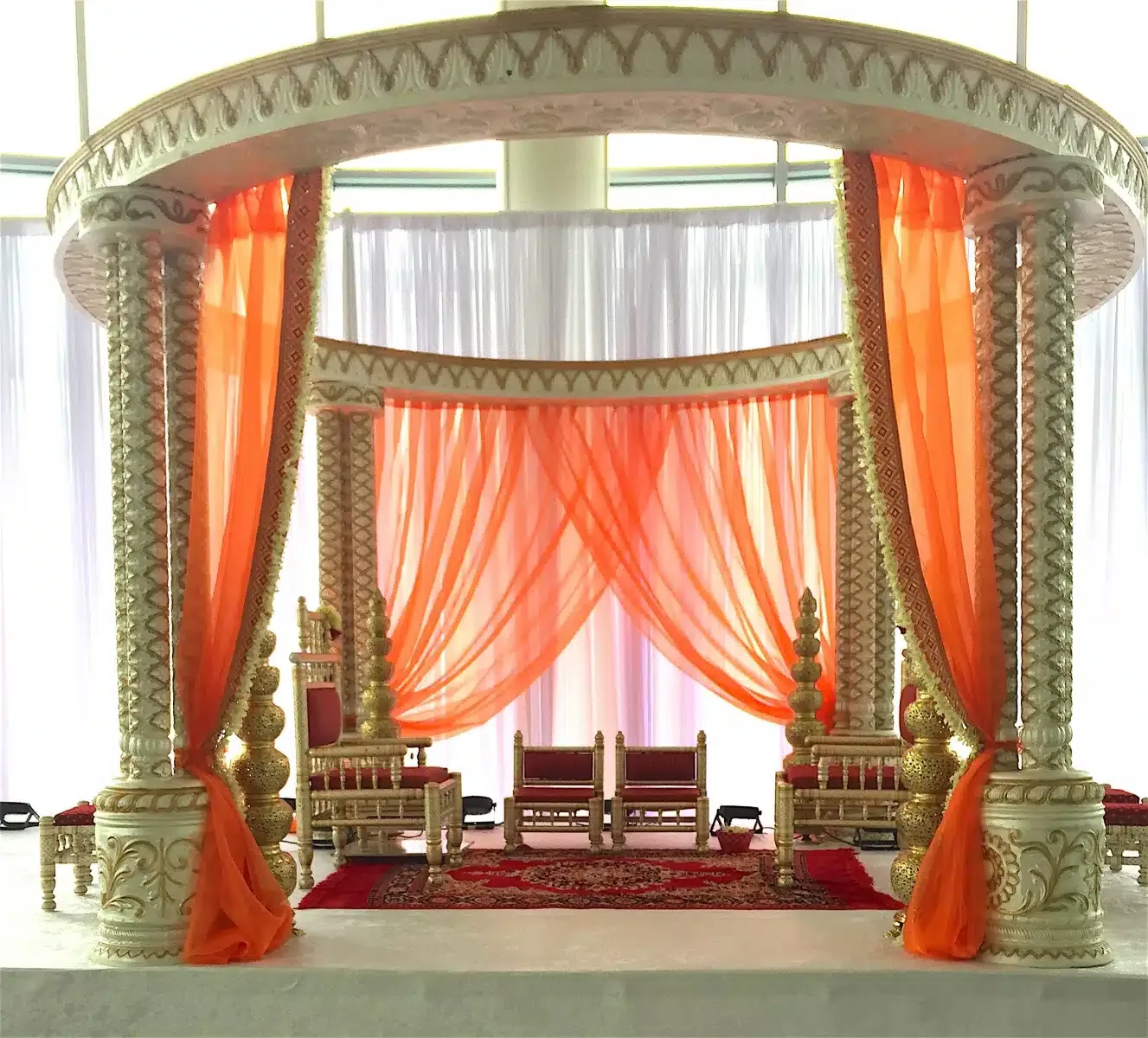 Ivory and gold fiber mandap for Indian wedding ceremony, Chicagoland