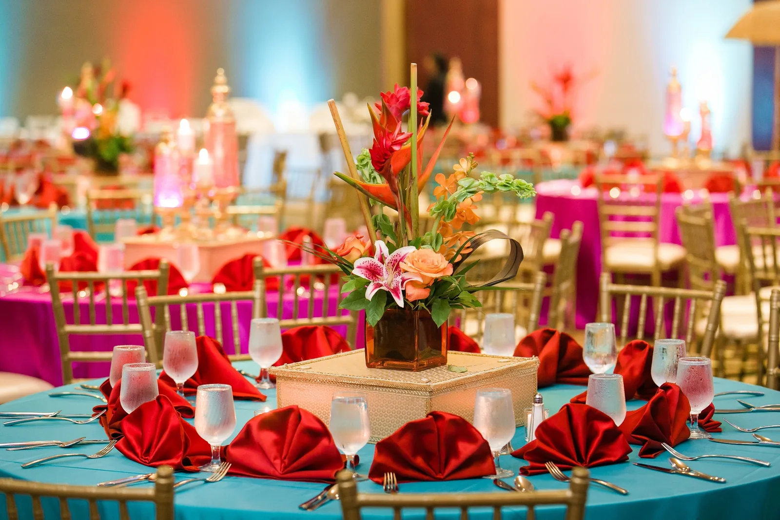 Custom floral centerpiece for Indian wedding reception by Poonam Creations, Chicagoland