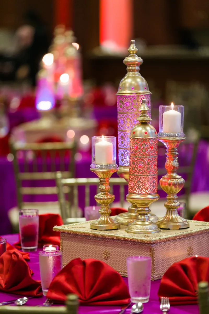 Bright colorful table centerpieces at Indian sangeet, Chicagoland