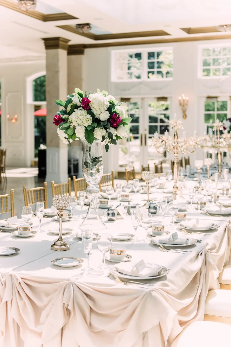 White-themed Indian wedding reception table decor, Chicagoland
