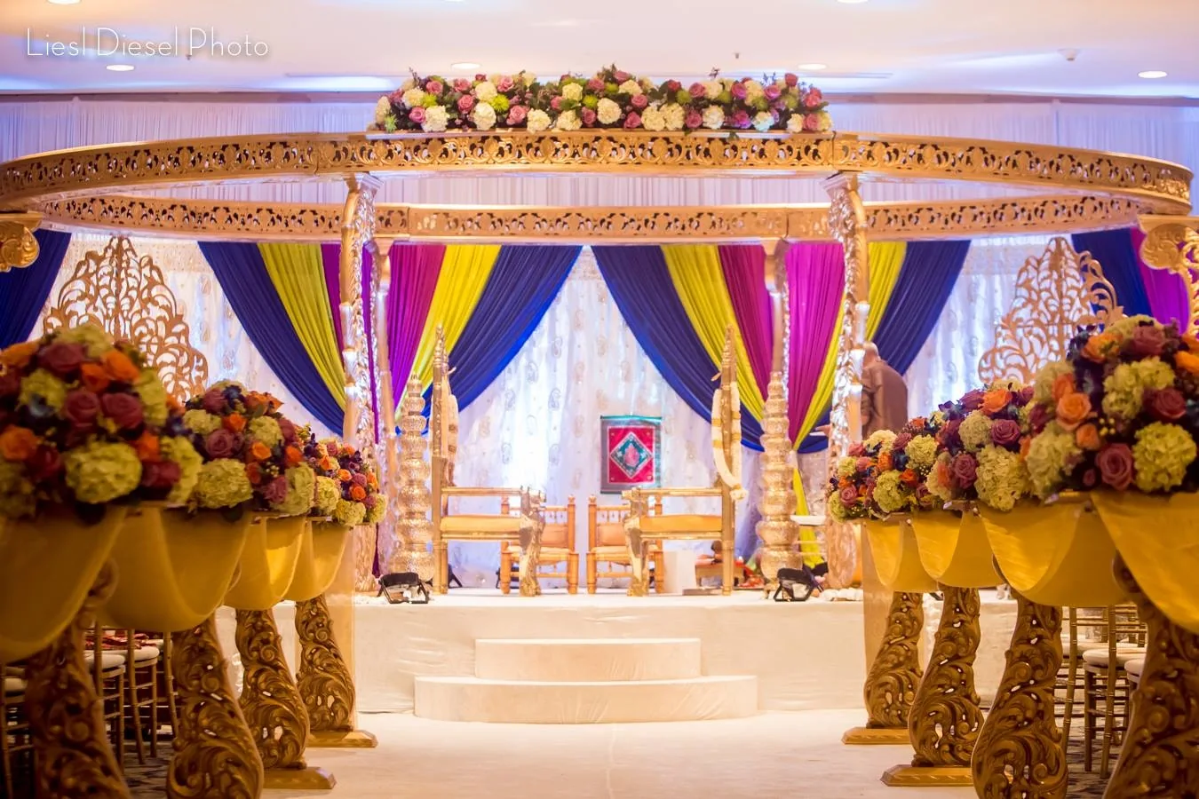 Golden mandap for luxurious Indian wedding ceremony, Chicagoland