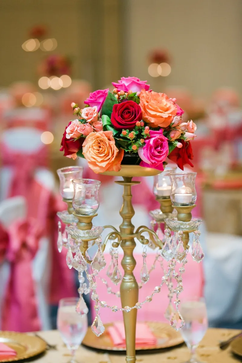 Pink and red floral decor for Indian wedding reception, Chicagoland