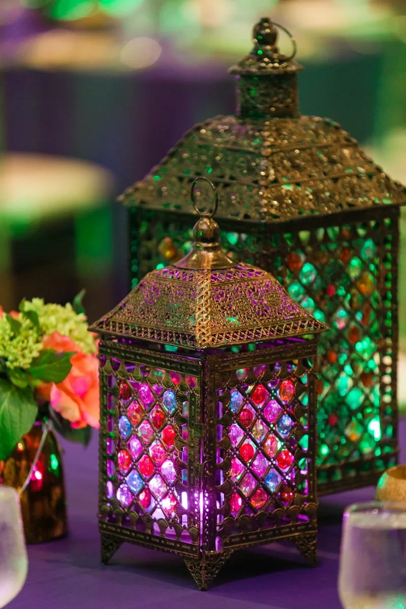 Lush jewel-toned centerpieces for sangeet event in Chicagoland