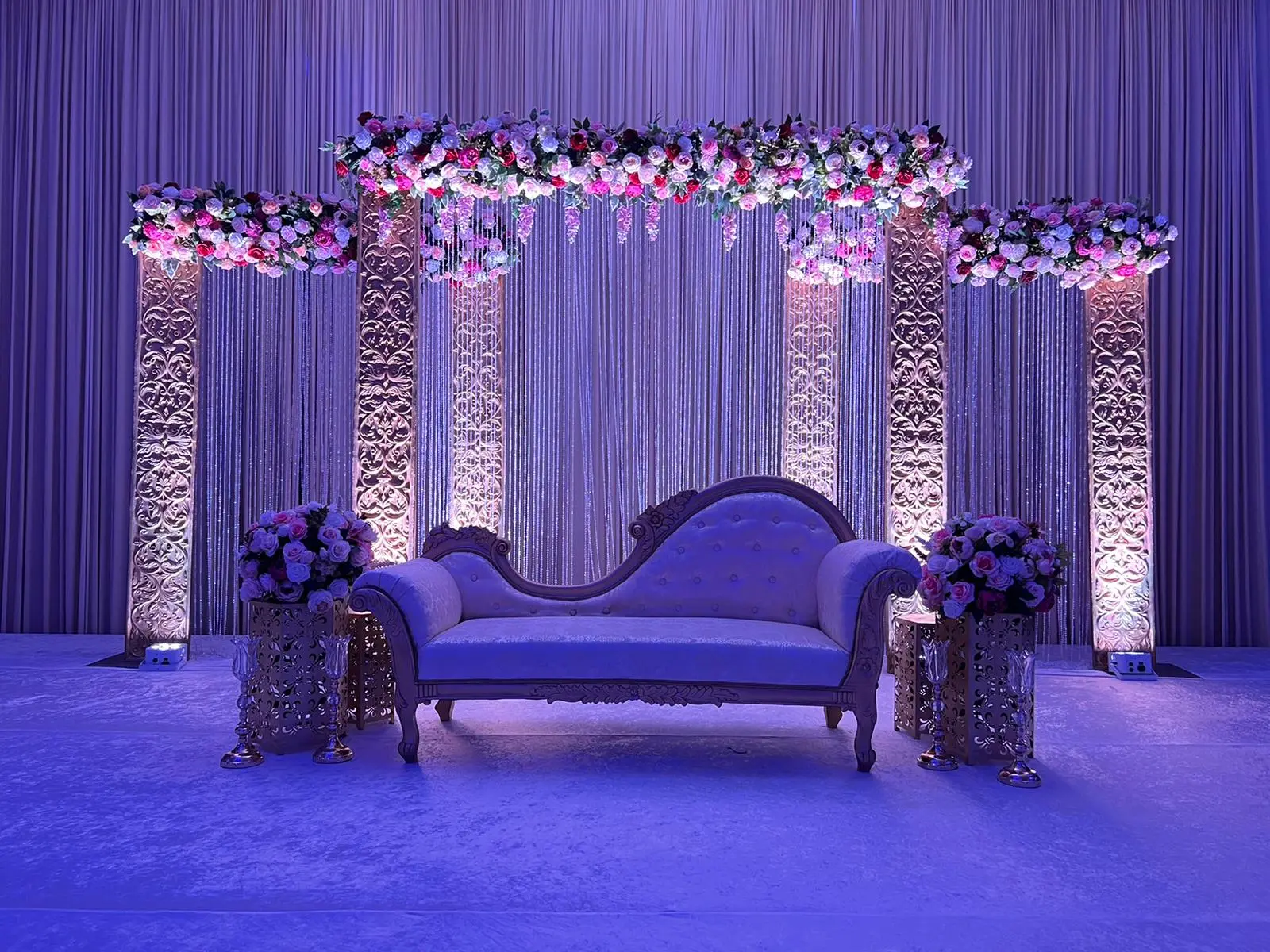 Stage and reception lighting for Indian wedding by Poonam Creations, Chicagoland