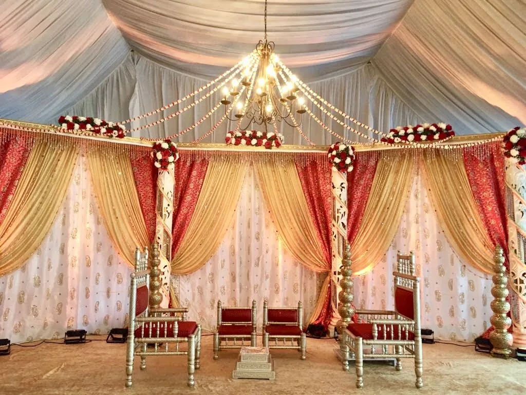 Open fiber mandap for Indian wedding ceremony, Chicagoland